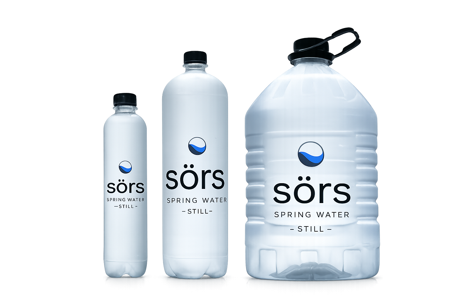 three bottles of sörs spring water